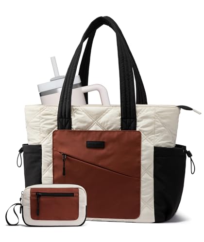 LOVEVOOK Tote Bag for Women, puffer tote bag for Work Travel Nurse, Lightweight quilted Bags with Compartments - color: M-15.6 Inch-cream-black-brown