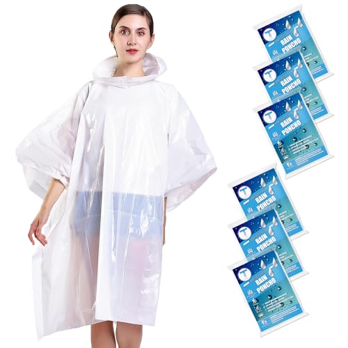 TUNCHMO Disposable Rain Ponchos 6 Pack for Adults/Kids/Family Set-50% Thicker Emergency Ponchos - color: Adults White 6 Pack