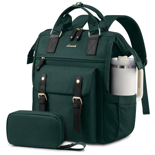 LOVEVOOK Laptop Backpack for Women with Giant Tumbler Holder Pocket,15.6 inch Waterproof Travel Backpack Purse Computer Laptop Bag - color: Dark Green, size: 15.6 Inch Cup