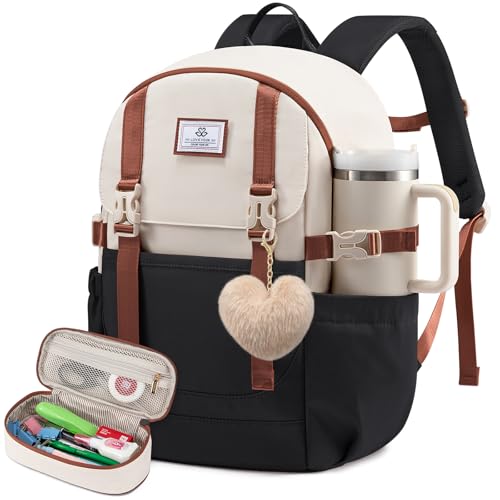LOVEVOOK School Backpack for Teen Girls, Waterproof Travel College Bookbag for Middle High School with Large Cup Holder & Pencil Case, Fits 15.6'' Laptop, Cute Aesthetic Kids Student Backpack - color: Black Cream Brown