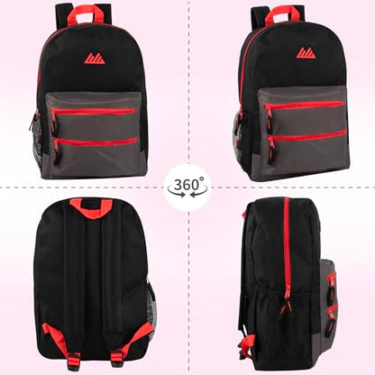 Summit Ridge Colorful Big Backpack for School Kids, Multi Pocket Backpack for Elementary, Middle School Girls, Boys with Padded Straps (Black/Red) - color: Black/Red