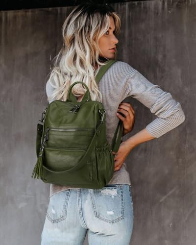 Uromee Backpack Purse for Women Vegan Leather Ladies Fashion Travel Tassel Shoulder Bag Convertible Green bag - color: 0243 Green 2
