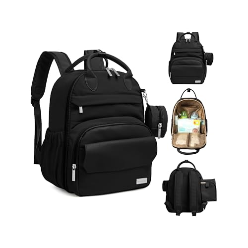 KeaBabies Diaper Bag Backpack - Small Multifunctional Travel Diaper Back Packs, Maternity Baby Changing Bags, 12L Capacity, PU Leather, Waterproof, Unisex, Nappy Changing Pad (Trendy Black, Small) - color: Trendy Black, style: Small / 13" H