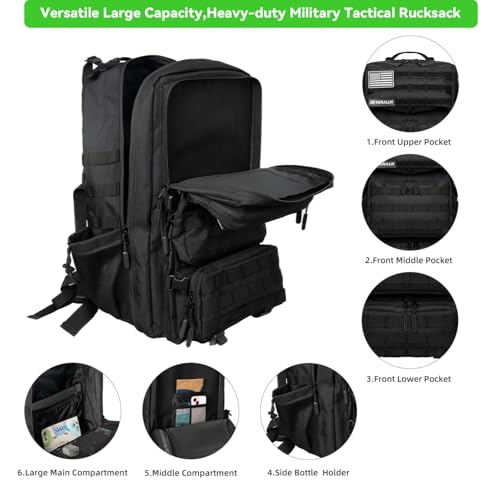 Military Tactical Backpack 55L for Men & Women Bug Out Bag Assault pack Molle Daypack Hiking Trekking Rucksack (Black) - color: Black