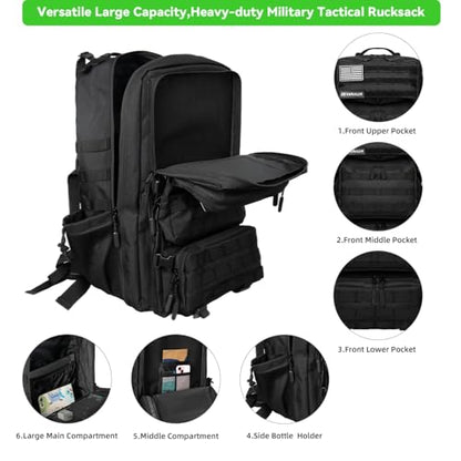 Military Tactical Backpack 55L for Men & Women Bug Out Bag Assault pack Molle Daypack Hiking Trekking Rucksack (Black) - color: Black