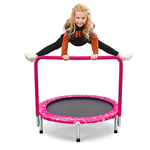 Giantex 36-Inch Mini Trampoline for Kids, ASTM Approved Foldable Rebounder Trampoline with Foamed Handle, Max Loaded 330 lbs, Indoor Safety Padded Fitness Trampoline - color: Pink