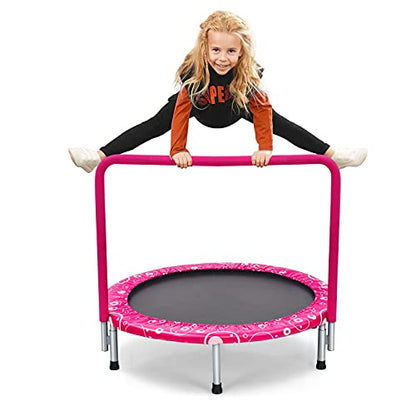 Giantex 36-Inch Mini Trampoline for Kids, ASTM Approved Foldable Rebounder Trampoline with Foamed Handle, Max Loaded 330 lbs, Indoor Safety Padded Fitness Trampoline - color: Pink