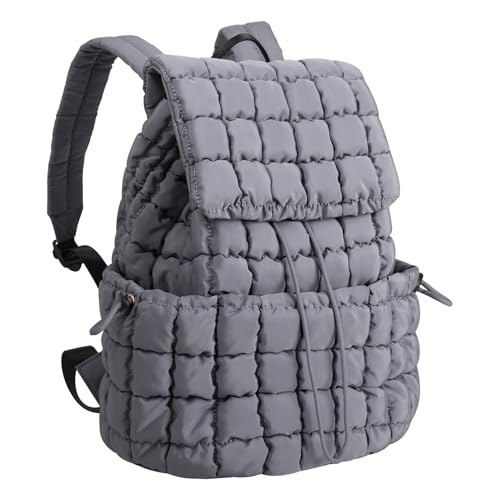 XSUIOY Quilted Backpack Purse for Women Small Lightweight Puffer Puffy College Laptop Backpack Nylon Casual Bookbag Daypack Top Flap Drawstring Padding Hiker Travel Gym Backpack(Grey) - color: Grey