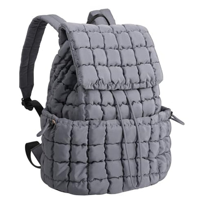 XSUIOY Quilted Backpack Purse for Women Small Lightweight Puffer Puffy College Laptop Backpack Nylon Casual Bookbag Daypack Top Flap Drawstring Padding Hiker Travel Gym Backpack(Grey) - color: Grey