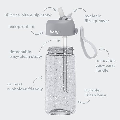 Bentgo Kids Water Bottle - Leak-Proof, Durable Tritan, BPA-Free 15 oz. Cup for Kids/Toddlers Ages 3+, Bite & Sip Spout, Carrying Handle, & Dishwasher Safe for School (Glitter Edition - Silver) - color: Glitter Edition - Silver