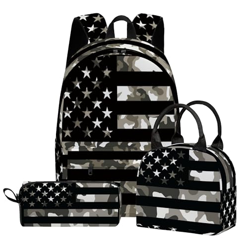 Flag 3PCS Backpack Set for Teens Elementary Middle High School, 17 Inch Lightweight Classic Bookpack 3 in 1 Set for Girls Boys, Kids Back to School Backpack with Lunch Box Pencil Case - color: Flag