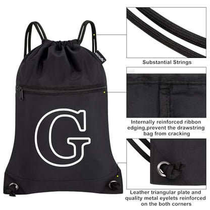 HOLYLUCK Drawstring Bags Initial Backpack Sackpack Cinch Bags for Sports, Gym, Travel, Beach(Black-G) - color: Black-g