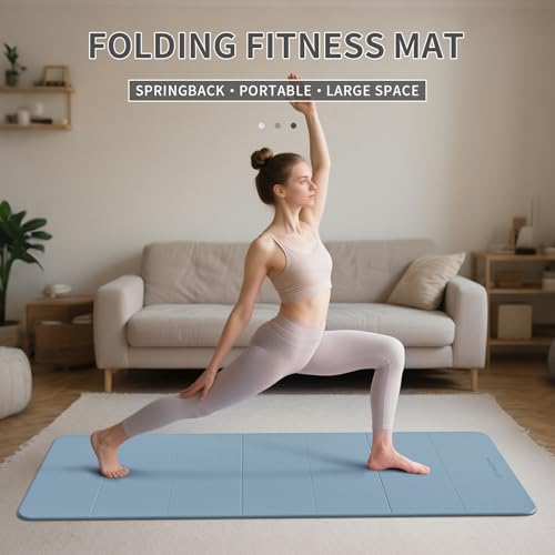 7-Fold Yoga Mat 70"x24" - 1/2 Inch Thick Folding Exercise Mat, Compact Non-Slip TPE Mat for Travel, Storage, Yoga & Home Gym, Lightweight & Portable - color: Blue-gray+Navy blue