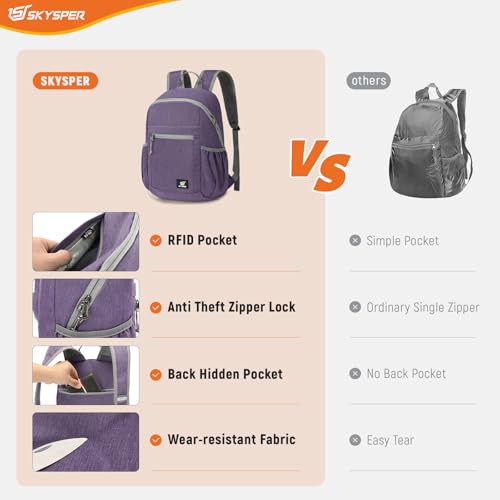 SKYSPER Anti Theft Hiking Backpack, 20L RFID Packable Travel Daypack, Lightweight Foldable Back Pack for Walking Daytrip - color: Purple
