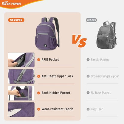 SKYSPER Anti Theft Hiking Backpack, 20L RFID Packable Travel Daypack, Lightweight Foldable Back Pack for Walking Daytrip - color: Purple