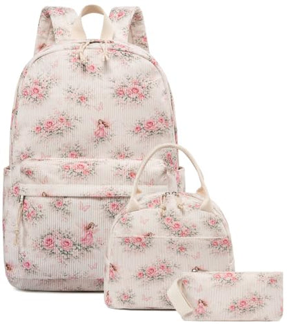 BTOOP School Backpacks for Teen Girls Bookbags Lightweight Kids Backpack School Bags Set with Lunch Box Pencil Case - color: Pink Flroal Fairy