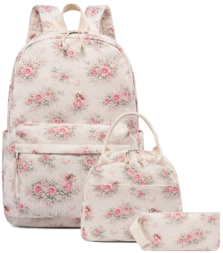 BTOOP School Backpacks for Teen Girls Bookbags Lightweight Kids Backpack School Bags Set with Lunch Box Pencil Case - color: Pink Flroal Fairy