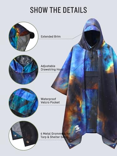SaphiRose Extra Thick Hooded Rain Poncho Double Layer Waterproof Raincoat Jacket for Men Women Adults - color: Universe Galaxy
