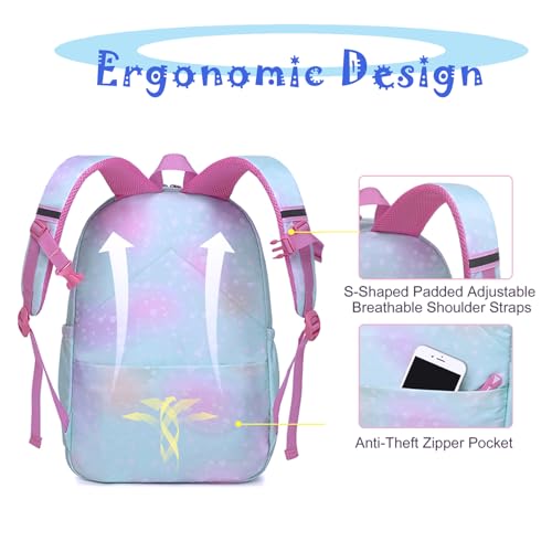 School Backpack for Girls Rainbow Kids Cute Backpack for Back to School Laptop Travel Bag With pencil Case (Blue Set) - color: Blue Set