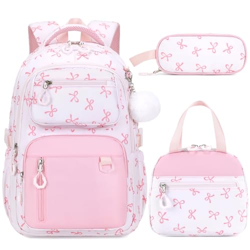 Bevalsa Backpack for Girls 3PCS Teen Girls Pink Bow Backpack for School with Lunch Bag Pencil Case Cute Kids Laptop Backpacks Bookbag for Elementary Middle High School College Student (Bow) - color: Pink Bow