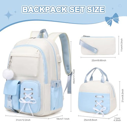 Scothen Backpacks for Girls, Girls Backpack with Lunch Box & Pencil Pouch for Teens Girl Kids Elementary Middle High School College Student Bookbag Daypack Laptop Travel Backpack for Women - color: Beige Blue