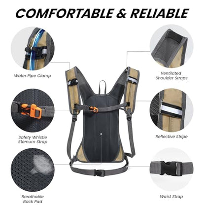 Nepest Hydration Pack Backpack for Women & Men, Lightweight Water Backpack with 2L Water Bladder for Hiking Cycling Running Biking - color: Khaki