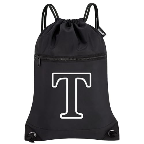 HOLYLUCK Drawstring Bags Initial Backpack Sackpack Cinch Bags for Sports, Gym, Travel, Beach(Black-T) - color: Black-t