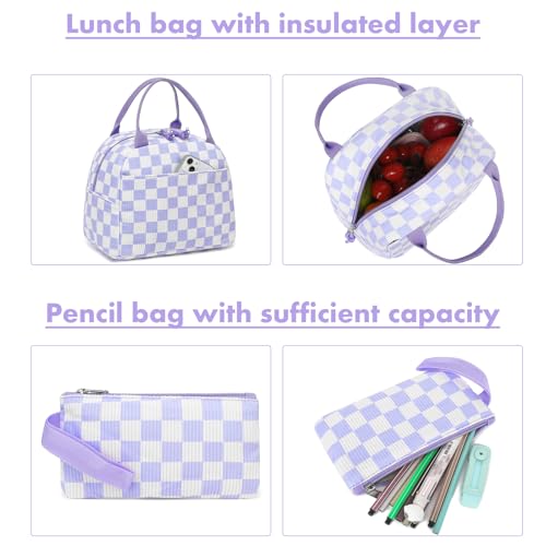 Bluboon School Backpack Set Girls Womens Laptop Bookbag Casual Daypack Fits 15 inch Laptop with Lunch Tote Bag and Pencil Bag - color: Purple and White Checkered