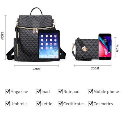 Makes Backpack Purse for Women PU Leather Travel Satchel Handbag Convertible Design Bag with Purse 2 Piece - color: Black Triple
