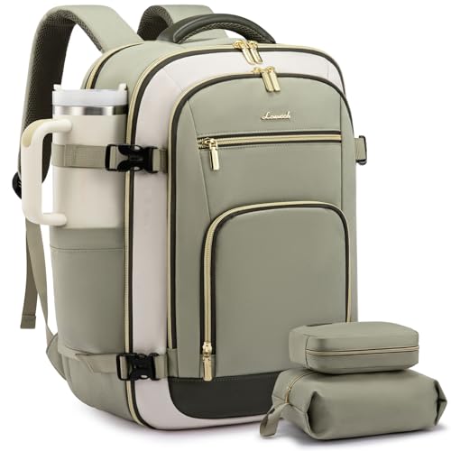 LOVEVOOK Carry On Travel Backpack For Women Flight Approved, 40L Large Personal Item Backpack Travel Bag for Airplanes, Business 17 Inch Laptop Backpack, Weekender Overnight Daypack, With 2 Cubes - color: Olive Green-beige-dark Olive Green, size: 40l-17.3