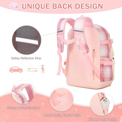 FIXITOK Girls Backpack Set, 3PCS Kids Backpack for Girls, Kawaii Bunny School Backpacks for Girl Kindergarten Elementary Preschool Middle School Bags with Lunch Box Pencil Case Pink-Plaid - color: Pink-plaid