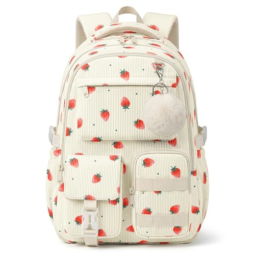 Corduroy Backpack for Teen Girls, Aesthetic Cute Strawberry School Backpack with Multi-Pocket, Lightweight Bookbag Fits 15.6 Inch Laptop, Large Capacity Casual Daypack for School Travel - color: Strawberry