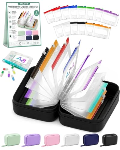 Waterproof Pill Organizer A8 Binder Set Pill Pouches for Travel 14PCS Bags Inside Large Zippered Pouch Bpa-Free Weekly Medicine Air Tight Pocket Color-Coded Reusable Travel Storage System - color: Black