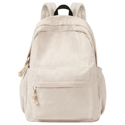 School Backpack for Teens Girls, Corduroy Bookbag with 6X Cute Pin Accessories, Lightweight High School College Laptop Bags for Women Travel Daypacks (Beige) - color: Beige