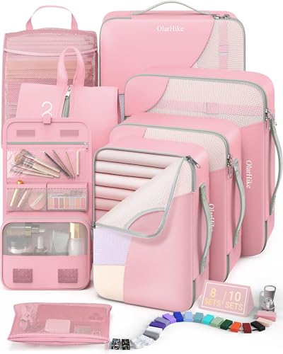 8 Set Packing Cubes for Travel, Gifts for Women Mom,Anti-Tearing Suitcase Organizer for Luggage with Shoe & Hanging Toiletry Bag,OlarHike Vacation Essentials & Accessories for Cruise Ship,Dream Pink - color: 05 Pink