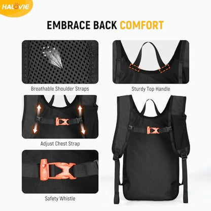 HALOVIE 15L Foldable Hiking Backpack Phone Pocket Lightweight Travel Daypack Shoulder with Chest Strap Small Packable Pack for Walking Women Men (Black) - color: Black