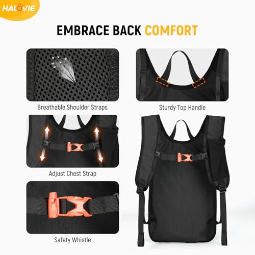 HALOVIE 15L Foldable Hiking Backpack Phone Pocket Lightweight Travel Daypack Shoulder with Chest Strap Small Packable Pack for Walking Women Men (Black) - color: Black