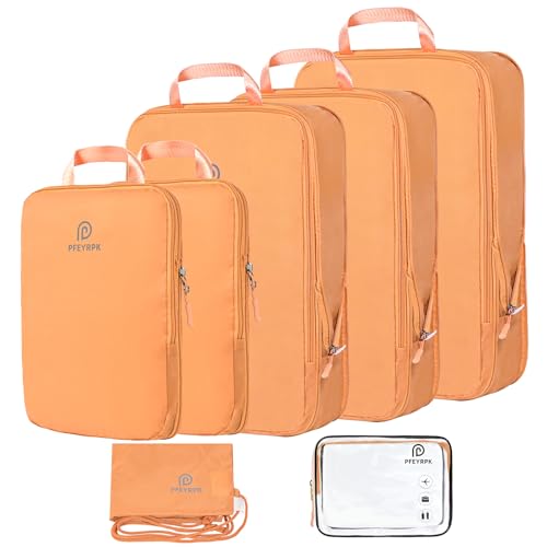 PFEYRPK Lightweight Compression Packing Cubes for Suitcases, Compressible Expandable Travel Packing Organizer with Clear Toiletries and Backpack Bag, Travel Essentials for Carry on Luggage 7 Set - color: Orange, size: 7 Set