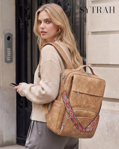 SYTRAH Leather Laptop Backpack, 15.6 Inch Business Computer Bag, Designer College Backpack Travel Backpack with Colorful Shoulder Bag Strap Camel - color: Camel