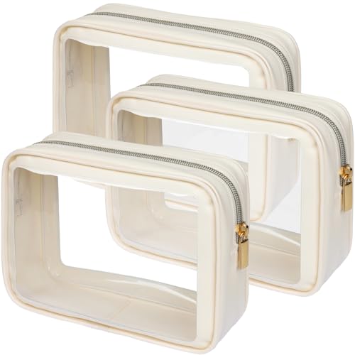 PACKISM Clear Makeup Bag - TSA Approved Toiletry Bag for Carry-on & Checked Luggage, Water Resistant Car Storage Organizer with Reinforced Seams - color: 3 Pack Beige, size: TSA Specialist (3-Pack Medium - Soft)
