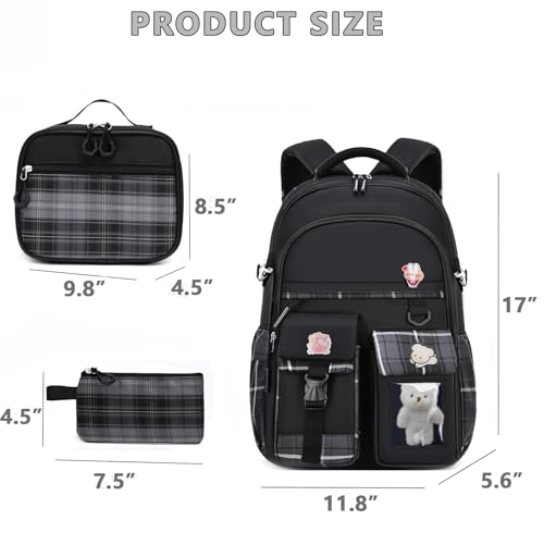 Girls Backpack with Lunch Box Cute School Backpack for Girls Kids Teens Kawaii Bookbag Set for Primary Elementary，Black - color: Black