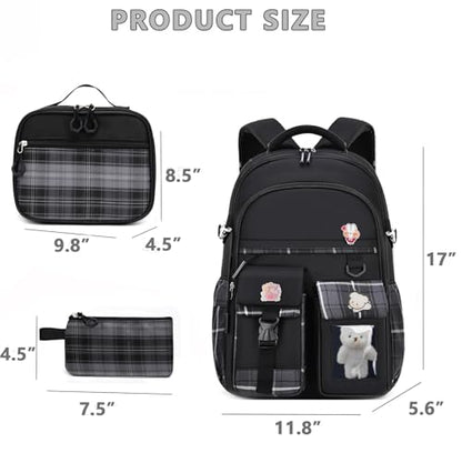 Girls Backpack with Lunch Box Cute School Backpack for Girls Kids Teens Kawaii Bookbag Set for Primary Elementary，Black - color: Black