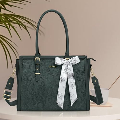 MOSISO Laptop Bag for Women, 17-17.3 inch PU Leather Tote Bag Compatible with MacBook, HP, Dell, Asus Notebook, Front Embossed Retro Hibiscus Computer Bags with Silk Scarf&Clutch Purse, Emerald Green - color: Emerald Green, size: 17.3 inch