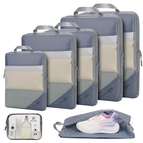 PFEYRPK Lightweight Compression Packing Cubes for Suitcases, Compressible Expandable Travel Packing Organizer with Clear Toiletries and Backpack Bag, Travel Essentials for Carry on Luggage 7 Set - color: Mesh/Gray, size: 7 Set
