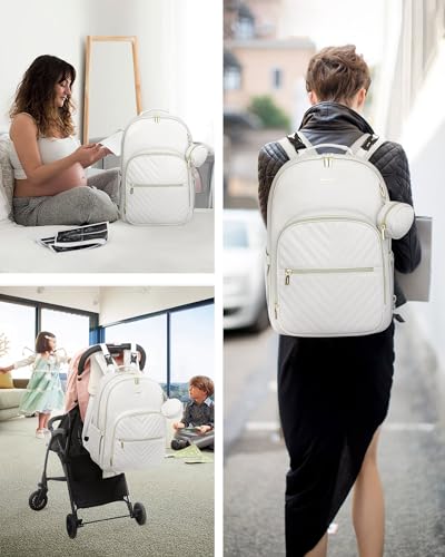 LOVEVOOK Leather Diaper Bag Backpack, Quilted Baby Bag with Changing Pad & Pacifier Holder, Waterproof Travel Diaper Bags for Baby Boys Girls, Stylish and Large Capacity, Beige - color: Beige
