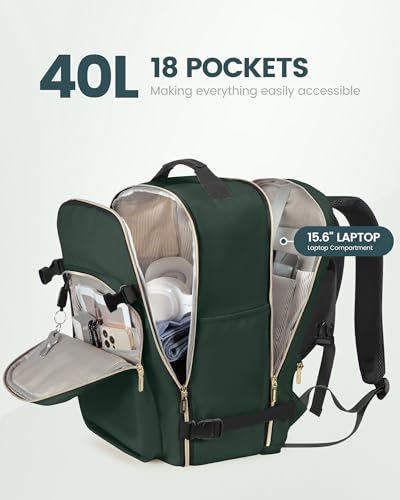 LOVEVOOK 40L Travel Backpack Flight Approved Carry on Backpack,3 Packing Cubes,Waterproof Personal Item Travel Bag,TSA Carry on Luggage Suitcase Travel Essentials,Gifts for Women & Men,fits 17" Laptop - color: Dark Green-black-1, size: Large-40L-4Pcs