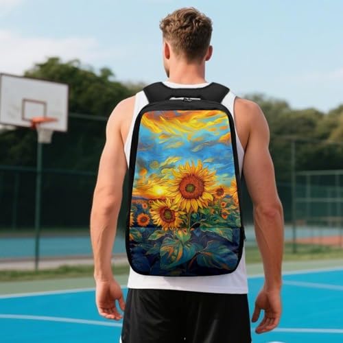 18.5in Basketball Backpack Basketball Bag with Shoe Compartment & Ball Holder, Waterproof Bag for Soccer Volleyball - color: Oil Painting Sunflower Print