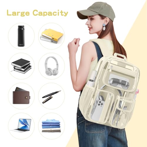 Cusangel Clear Backpack Heavy Duty Clear BookBag,16inch TPU Large Capacity See Through Backpack for Sport Events,Travel (beige) - color: Off-white