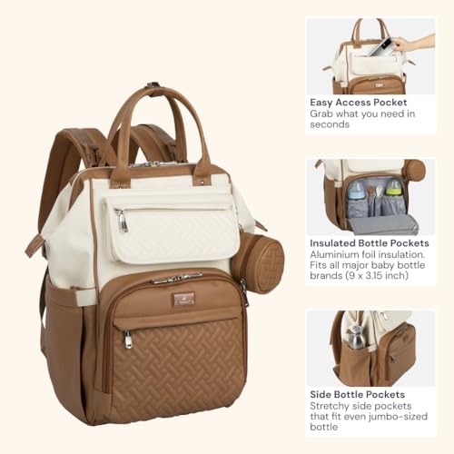 BabbleRoo Leather Diaper Bag Backpack, Multifunction Large Bags with Changing Pad & Stroller Straps & Pacifier Case, Unisex Stylish Travel Back Pack Nappy Changing Bag for Moms Dads (Caramel Cream) - color: Vegan Leather, Caramel Cream