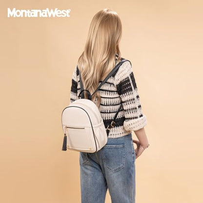 Montana West Mini Backpack Purse for Women Anti Theft Backpacks with Secured Zipper and Tassel - color: Mini Beige & Black